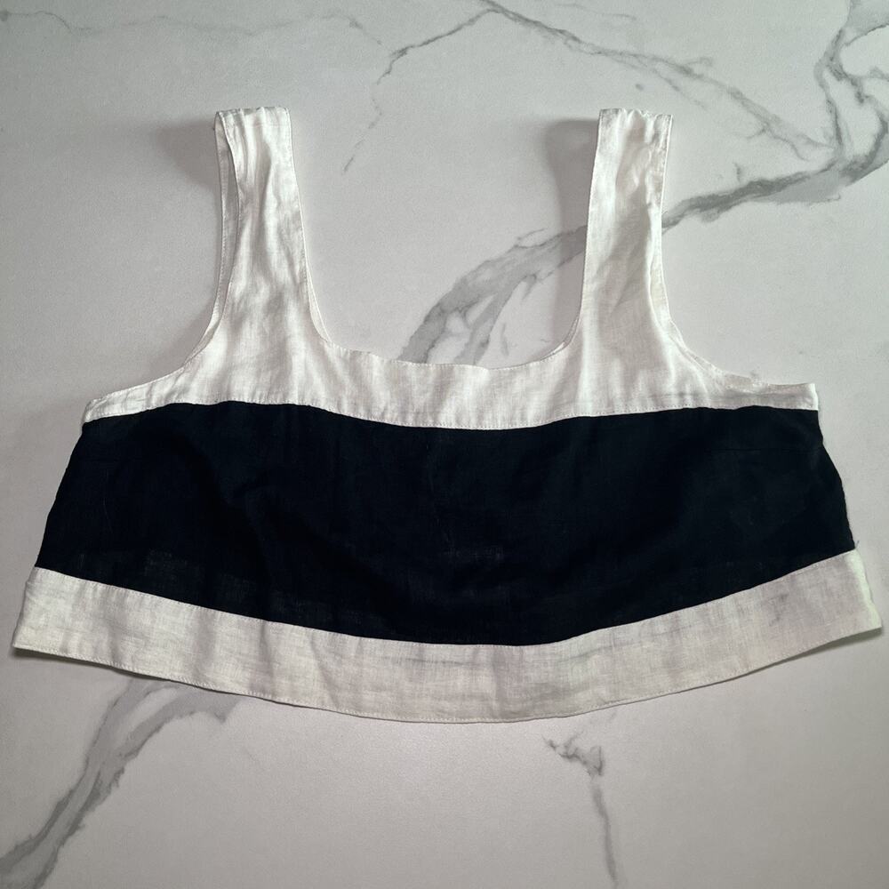 Haute Hippie Crop Top Classic Black Cream Linen Blend Color Block Sleeveless XL